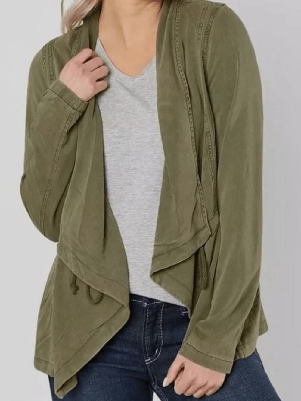 BKE Olive Green Draped Utility Military Moto Boho Jacket Drawstring Waist Med